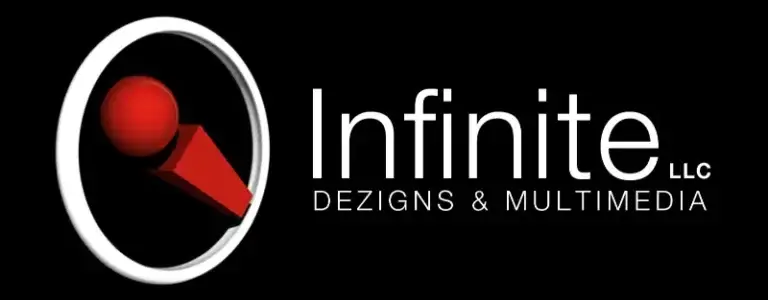 Logo of Infinite LLC Dezigns & Multimedia. The logo features a black background with a stylized red geometric design enclosed in a white circular outline on the left, and the company name in white text on the right.